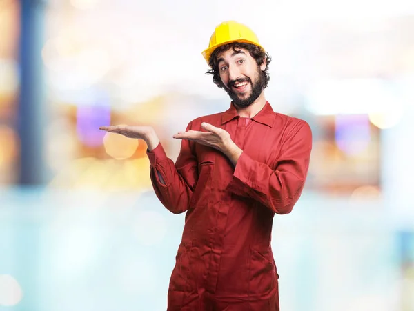 Happy worker man having showing sign — Stock Photo, Image