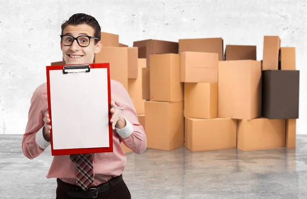 Happy businessman with inventory — Stock Photo, Image