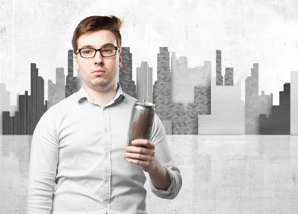 Young man with beer in celebrating pose — Stock Photo, Image