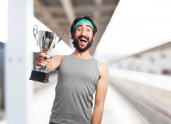 Happy sport man with sport cup — Stock Photo, Image