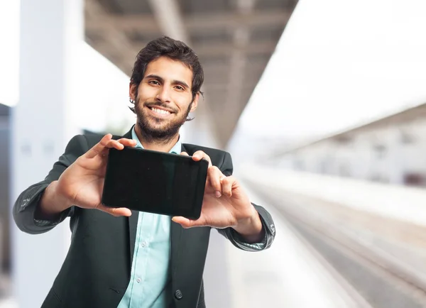 Hombre de negocios feliz con pantalla táctil —  Fotos de Stock
