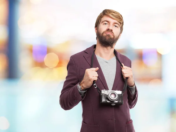 Homem de negócios orgulhoso com câmera — Fotografia de Stock