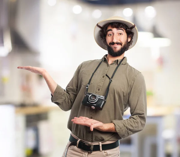 Crazy explorer man showing gesture — Stock Photo, Image