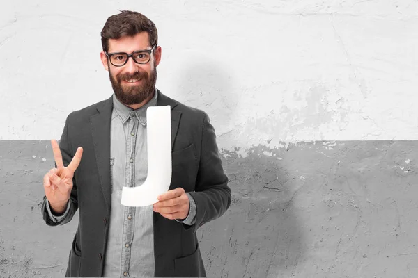 Glücklicher Mann mit Buchstabe j — Stockfoto