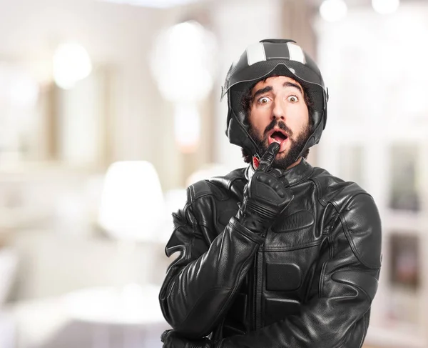 Happy biker with surprised expression — Stock Photo, Image