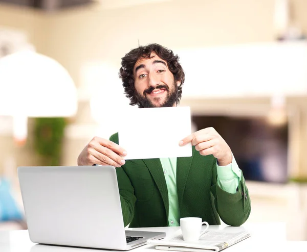 Happy businessman with banner — Stock Photo, Image