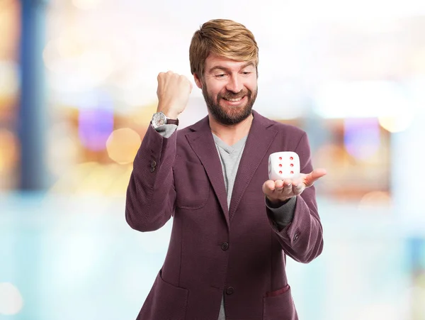 Happy businessman with dice — Stock Photo, Image