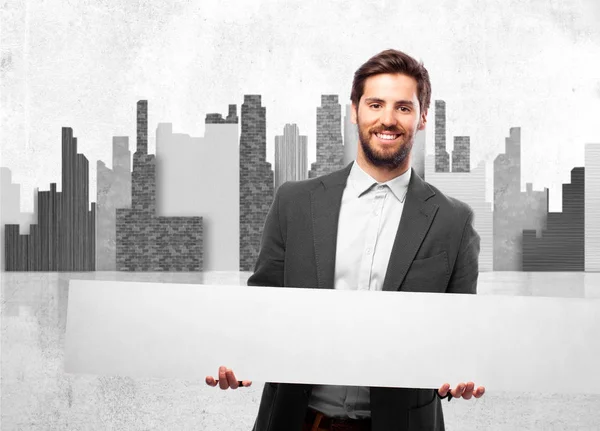 Gelukkig zakenman met banner — Stockfoto