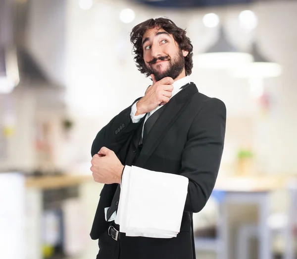 Happy waiter man thinking — Stock Photo, Image