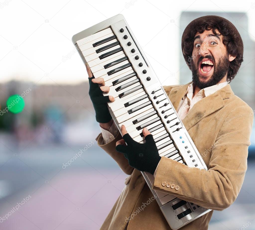 crazy homeless man with piano 