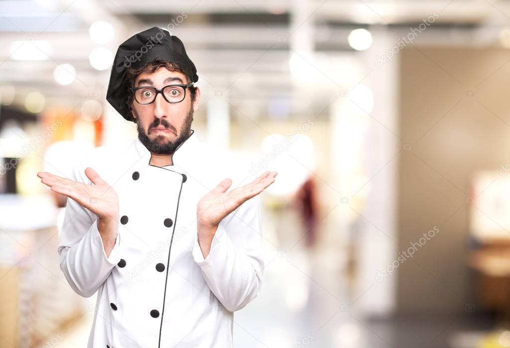 confused cook man with surprised sign