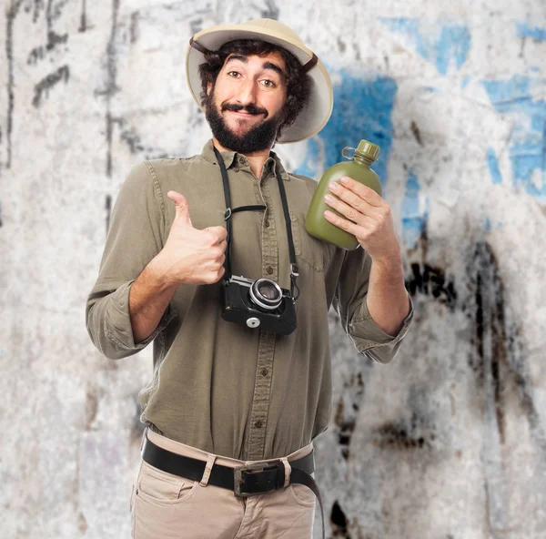 Crazy explorer man with canteen — Stock Photo, Image