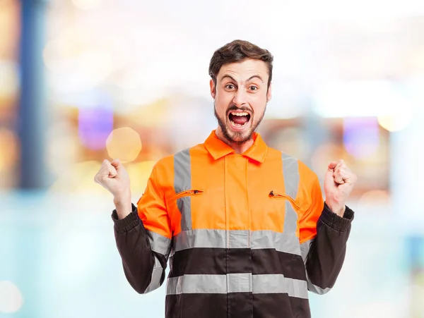 Happy worker man with celebrating sign — Stock Photo, Image
