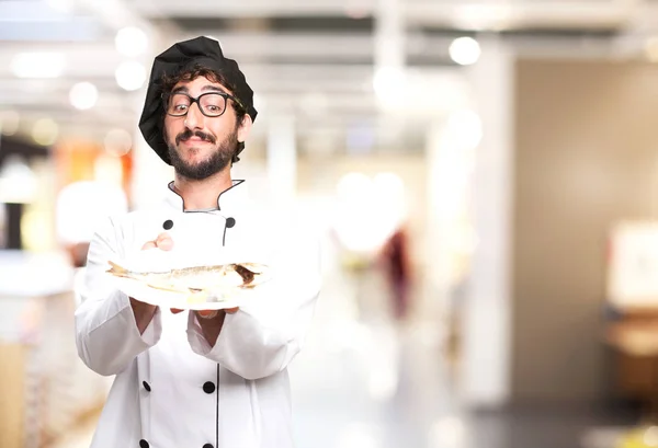 Happy cook man with soup — Stock Photo, Image