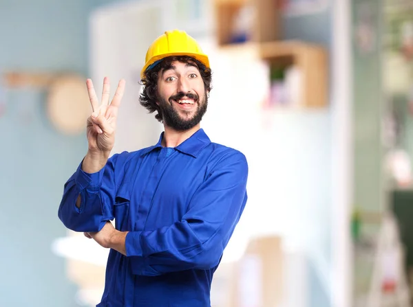Trabajador hombre mostrando número tres signo —  Fotos de Stock