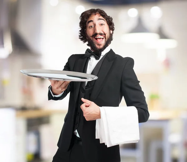Crazy waiter man with tray — Stock Photo, Image