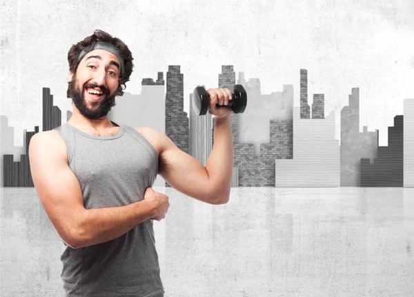 Homme heureux de sport avec haltère — Photo