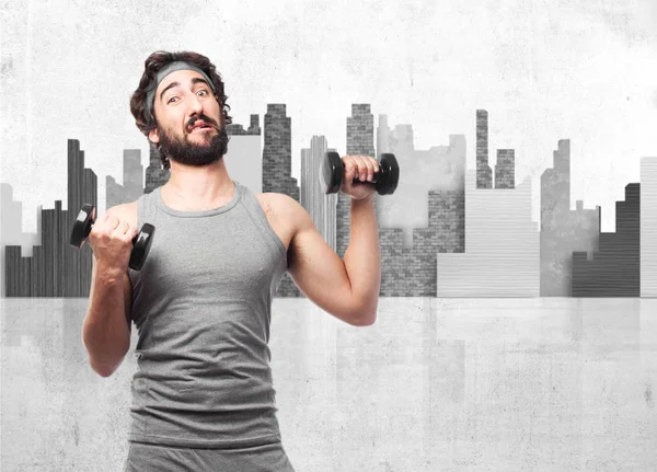 Homme heureux de sport avec haltère — Photo