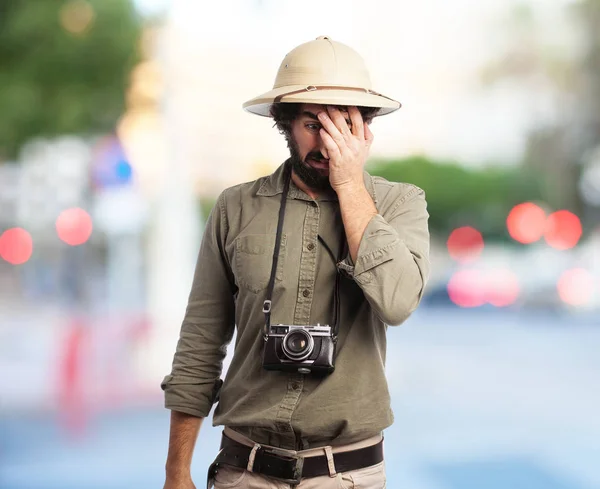 Crazy explorer man with worried expression — Stock Photo, Image
