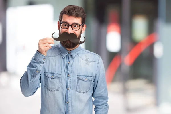 Joven feliz con bigote — Foto de Stock