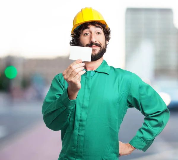 Hombre trabajador feliz con tarjeta de visita —  Fotos de Stock