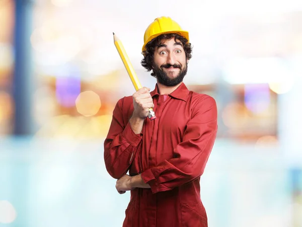 Travailleur heureux homme avec crayon — Photo