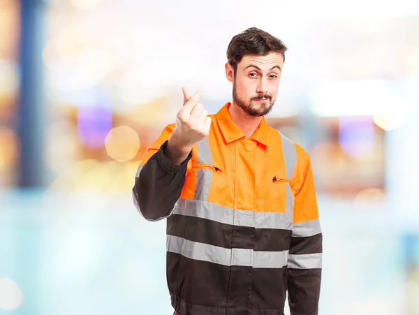 Proud worker man with bills sign — Stock Photo, Image