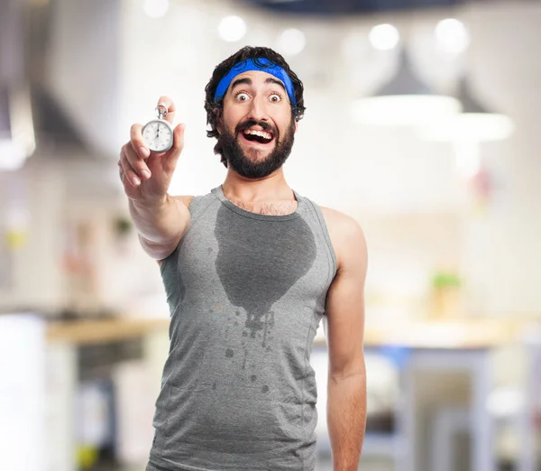 Tired sport man with stopwatch — Stock Photo, Image