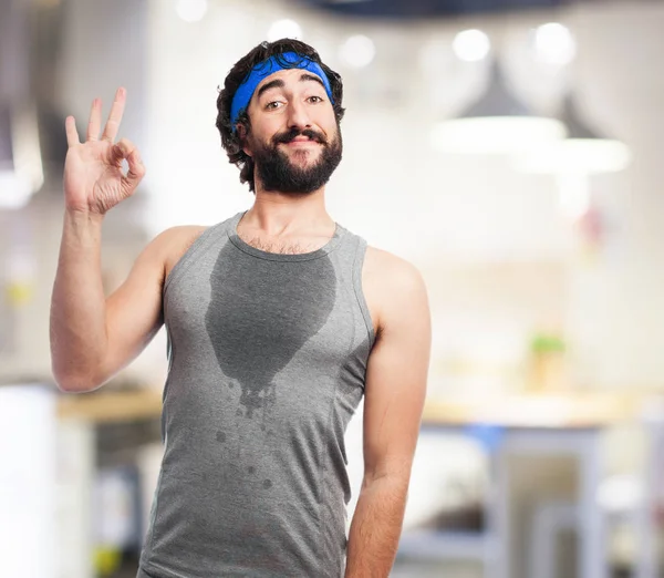 Tired sport man with allright sign — Stock Photo, Image