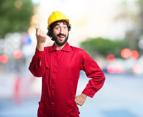 Happy worker man with bills sign — Stock Photo, Image