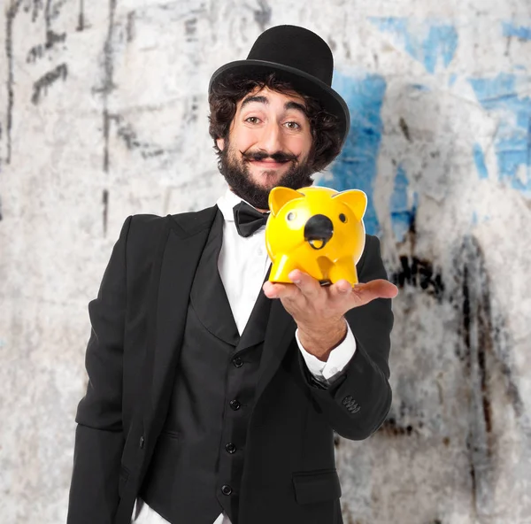 Jovem feliz com banco porquinho — Fotografia de Stock