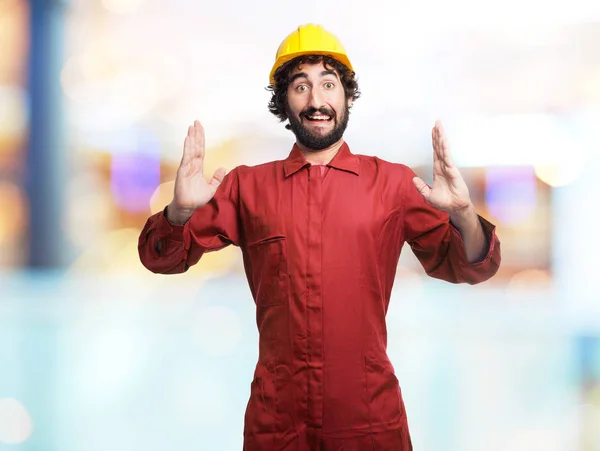 Happy worker man having showing sign — Stock Photo, Image