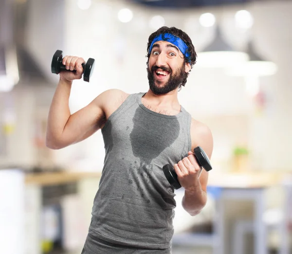 Cansado esporte homem com haltere — Fotografia de Stock