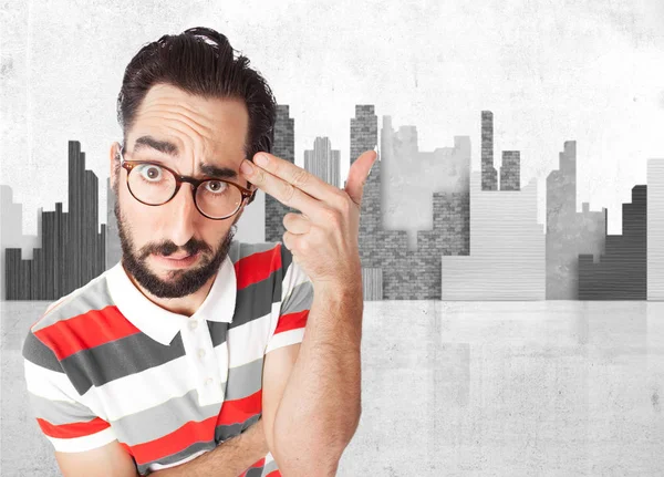 Crazy young man with suiciding sign — Stock Photo, Image