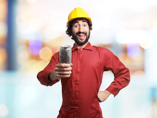 Happy worker man with beer — Stock Photo, Image