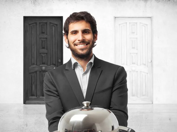 Happy businessman with tray — Stock Photo, Image