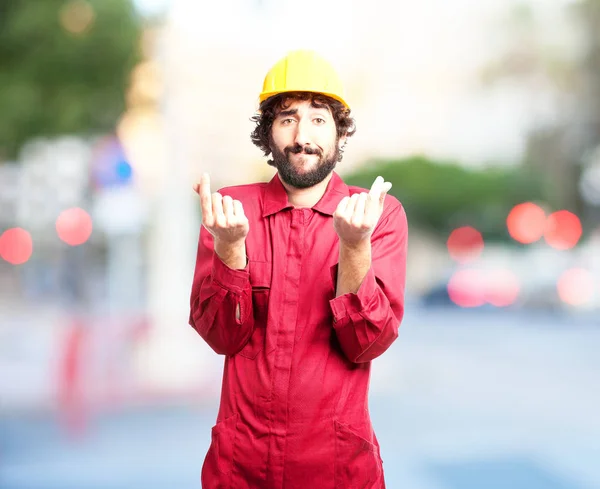 Trabalhador feliz homem com contas sinal — Fotografia de Stock