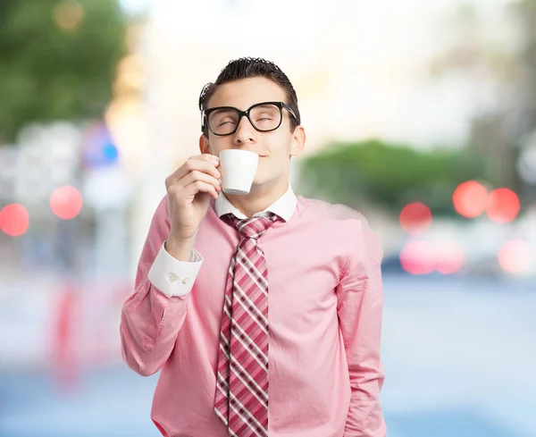 Homem de negócios feliz com café — Fotografia de Stock