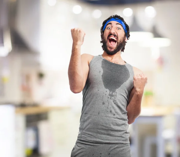 Homem esporte cansado com sinal de celebração — Fotografia de Stock