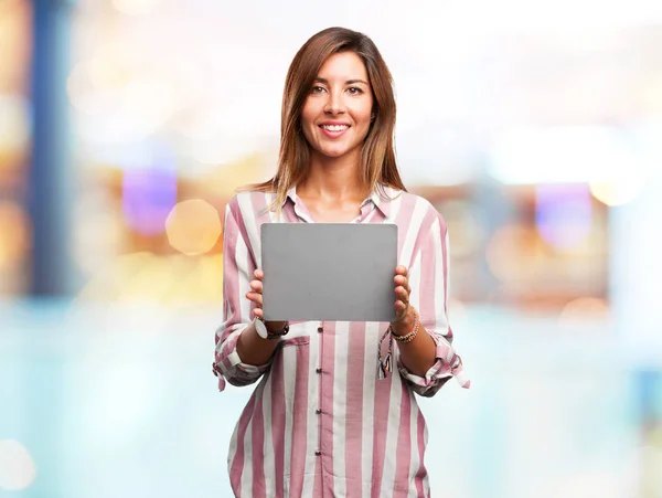 Proud young woman with grey card — Stock Photo, Image