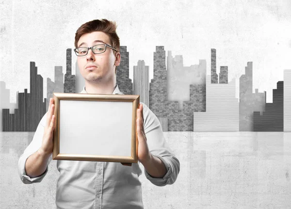 Happy young man with retro frame — Stock Photo, Image