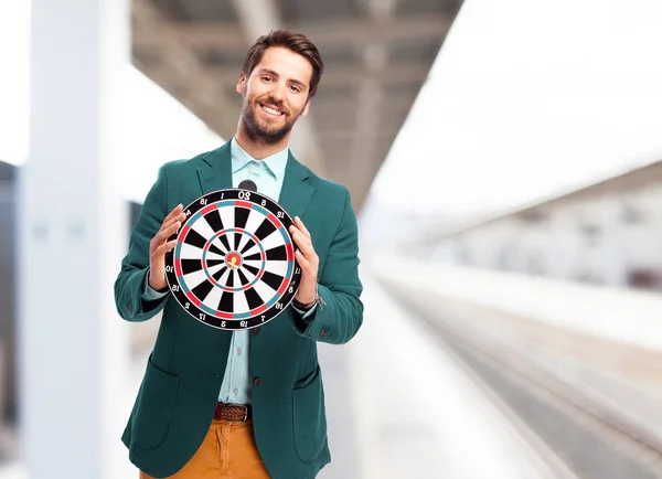 Homem de negócios preocupado com dartboard — Fotografia de Stock