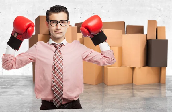 Happy businessman in boxing gloves — Stock Photo, Image