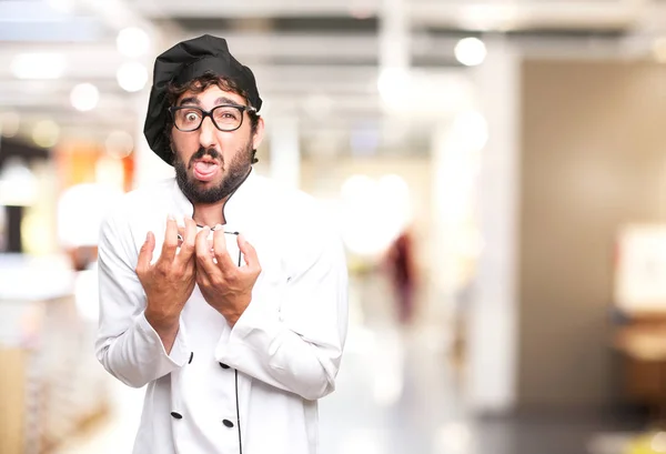 Boos kok man met braaksel teken — Stockfoto