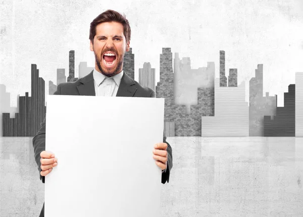 Angry businessman with banner — Stock Photo, Image