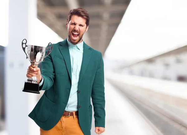 Hombre de negocios feliz con copa de deporte —  Fotos de Stock