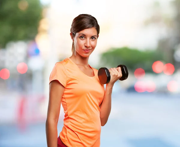 Strong sport woman with dumbbell — Stock Photo, Image