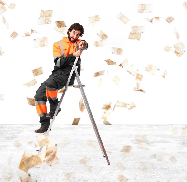 Glücklicher Arbeiter mit Treppe — Stockfoto