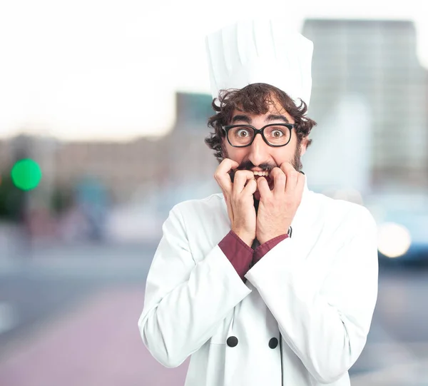 Endişeli poz korkuyorsun aşçı adam — Stok fotoğraf