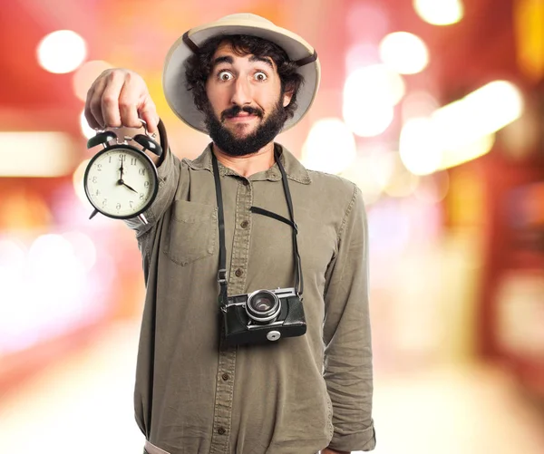 crazy explorer man with clock